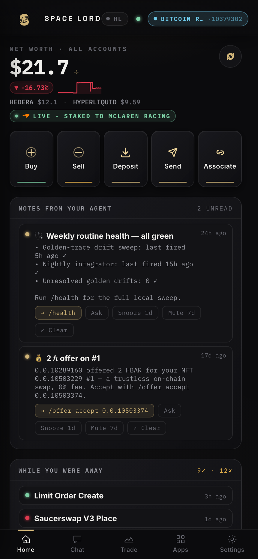 The Home screen with net worth, quick actions, and notes from your agent