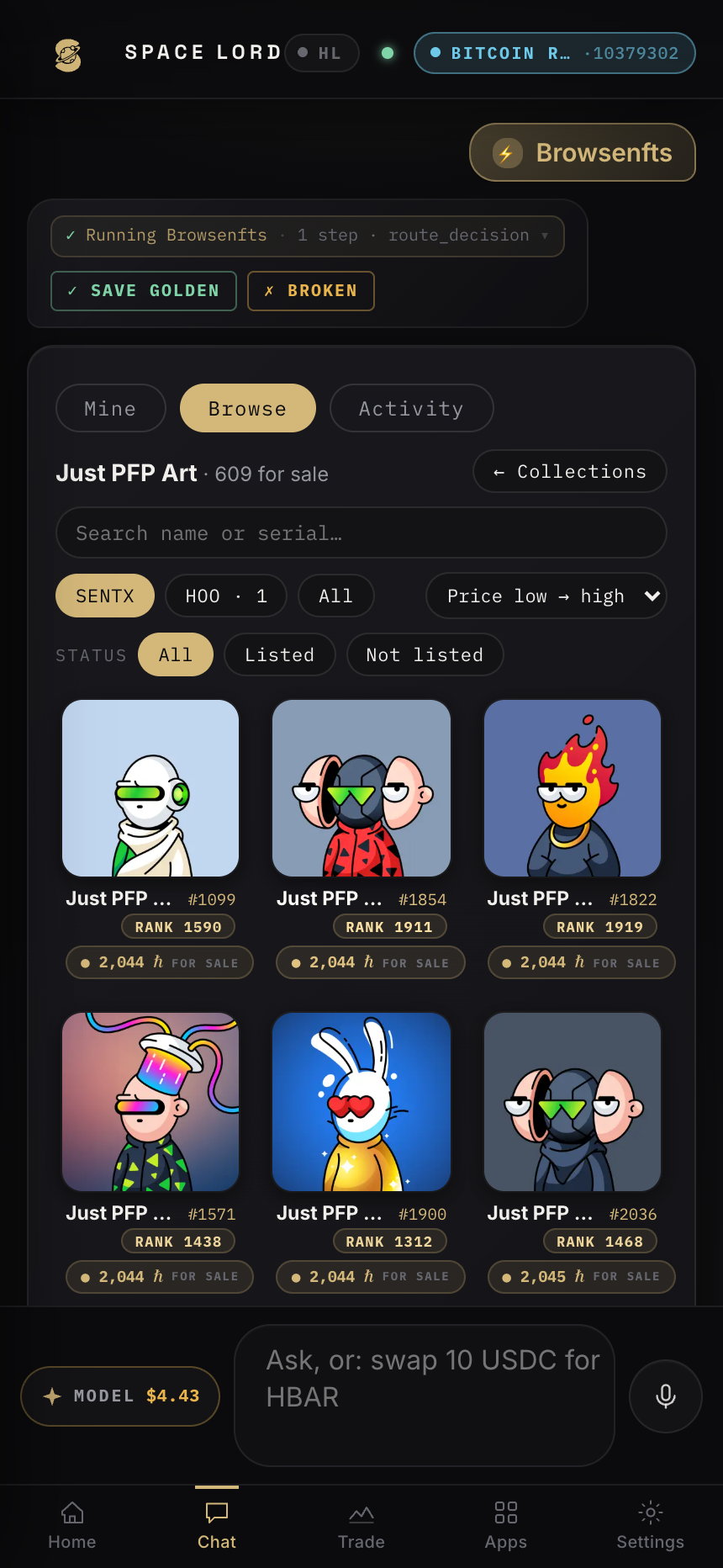 The in-app NFT marketplace with live SentX listings