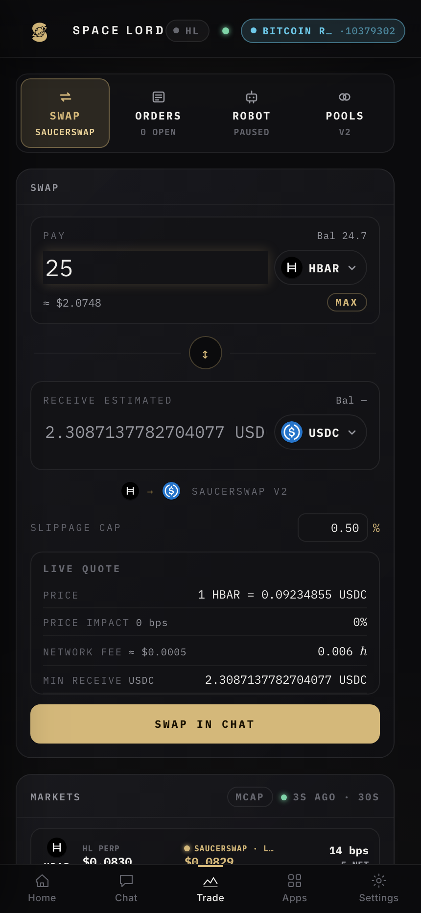 A swap confirmation card: fee path, price impact, gas, one tap to send