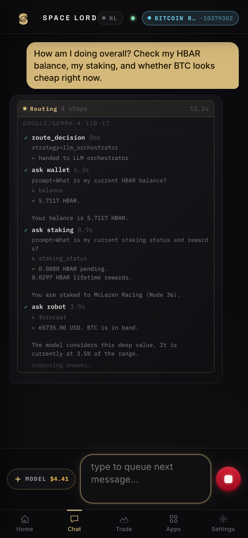 A multi-step reasoning chain: the agent routing through wallet, staking and market specialists